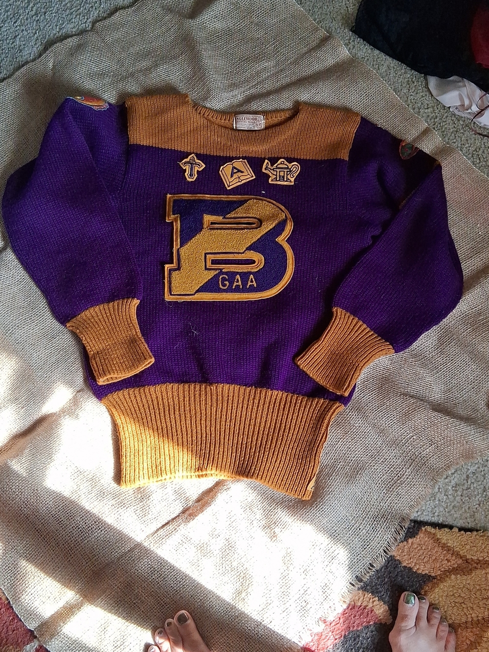 Vintage Collegiate Purple & Gold Wool Sweater with Appliqués